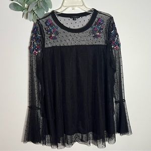 Lane Bryant Black Lace Sheer Floral Embroidered Shirt
